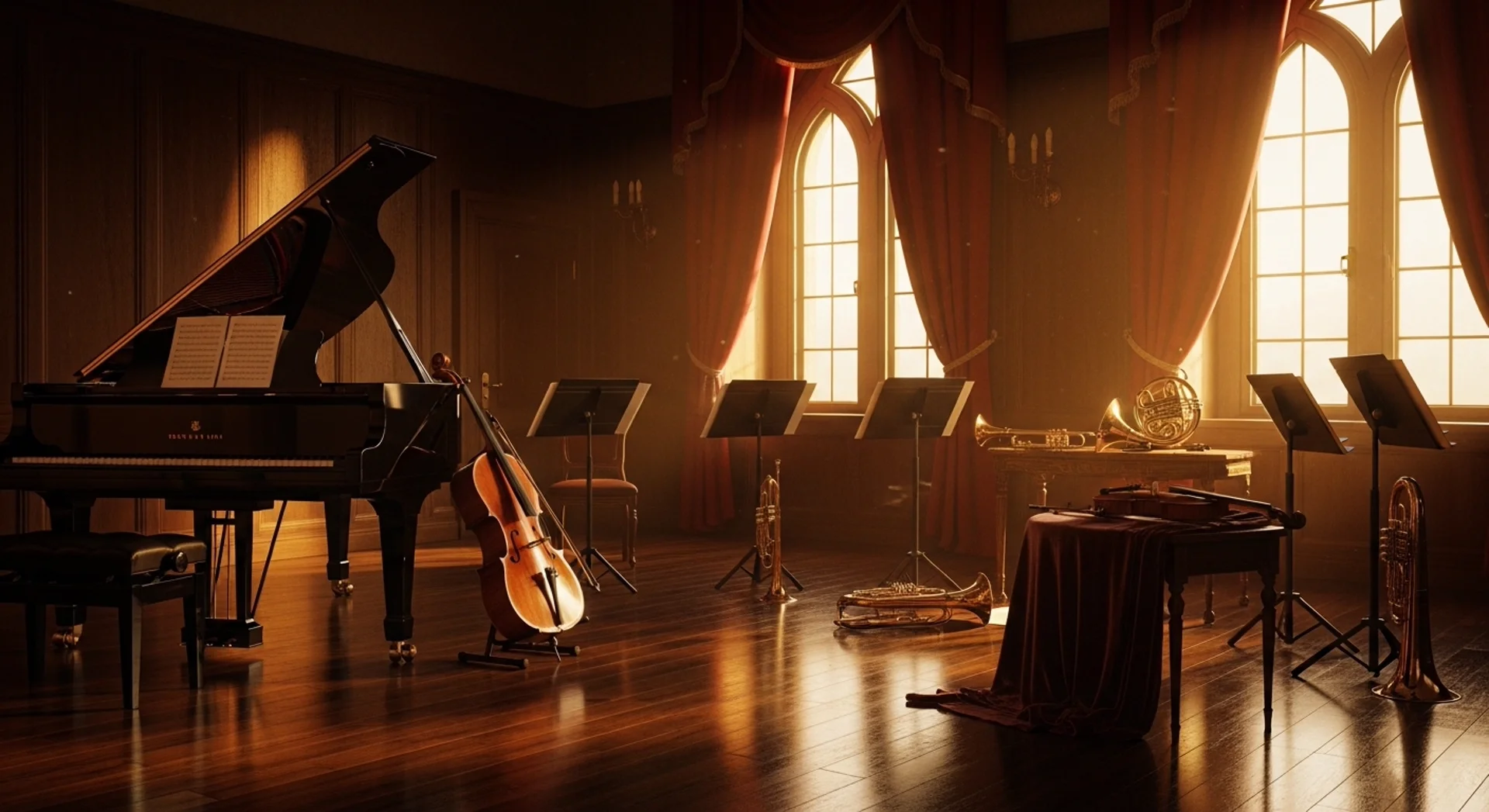 Music studio with grand piano, cello, brass instruments and sheet music stands